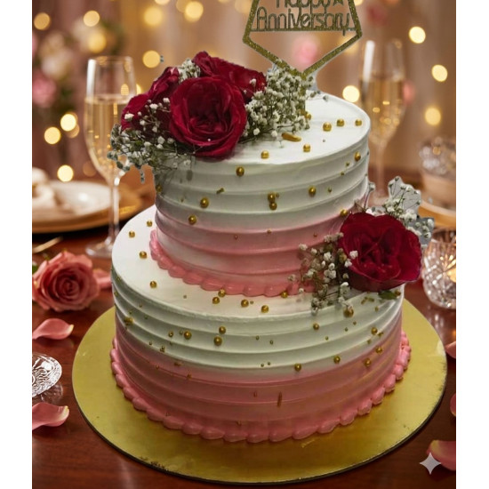 Red Roses Pink Tier Cake