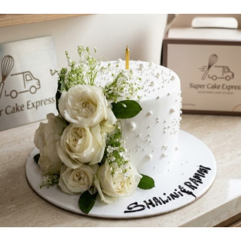 3 Tier White Roses Engagement Cake